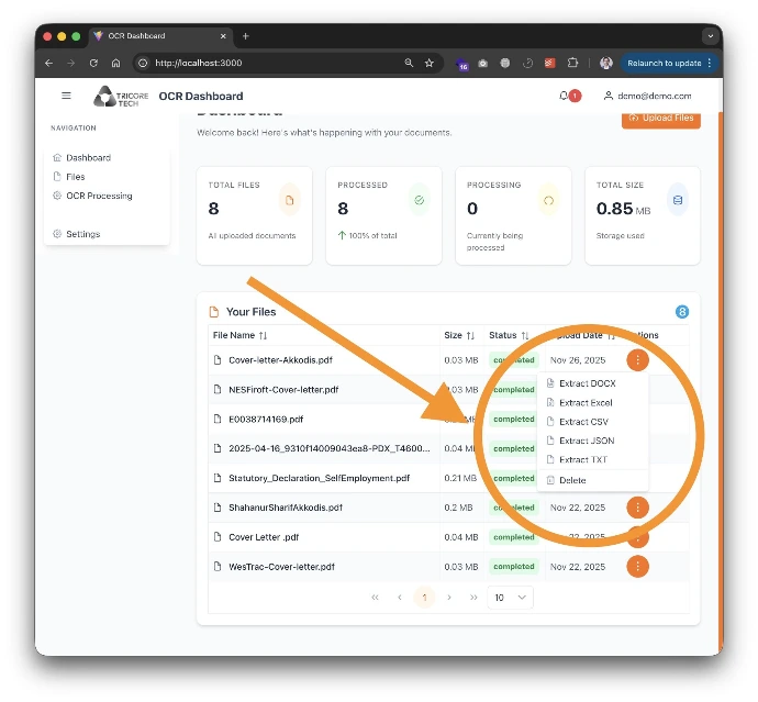 Extract in Docx, Excel, CSV, JSON, Text and more